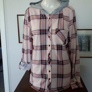 Soft Flannel like Hoodie Shirt in Pink Plaid and Grey - Sz. M